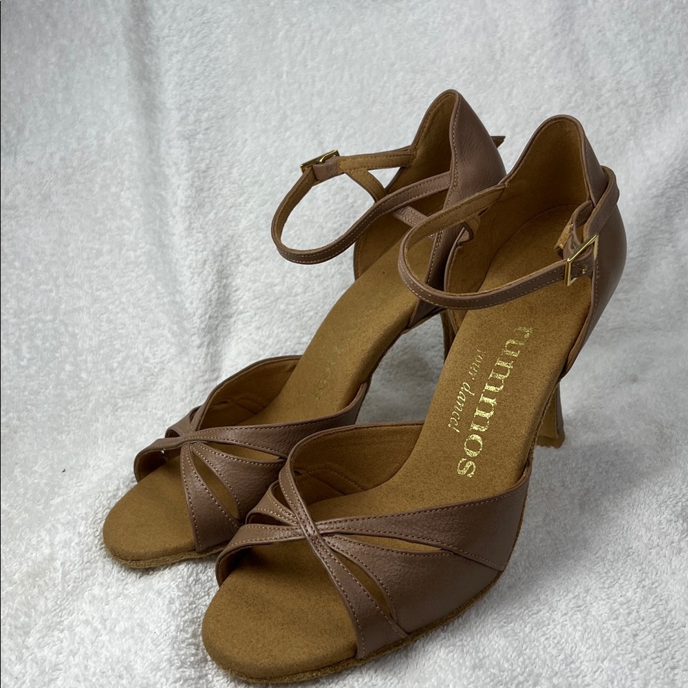 Rummos Brown Leather Ankle-Strap Suede Sole Dance Heels